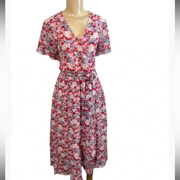 GRACEASY DRESS PINK WHITE FLORAL PRINT FIT FLAIR WRAP SUMMER DRESS SIZE XL NET - Picture 4 of 14
